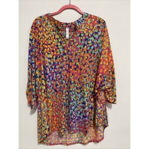 Dear Scarlett Lizzy Top Womens XL Orange Multicolor Confetti 3/4 Tab Sleeve New